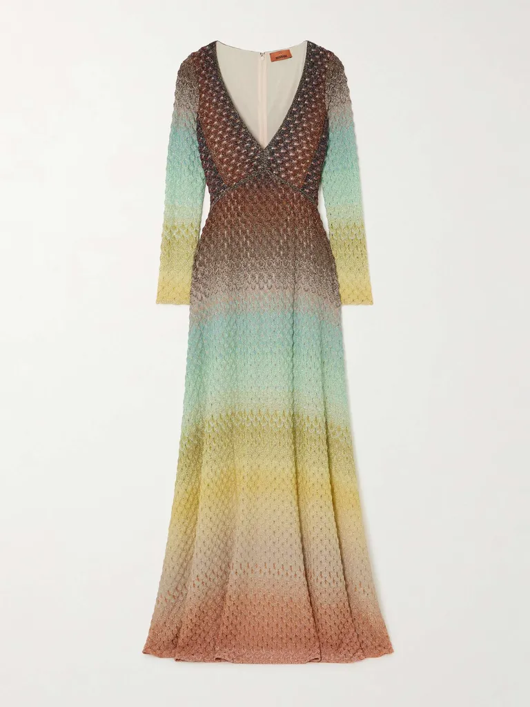 Stunning Summer Wedding Guest Dresses for 2025: Floral, Satin & Maxi Midi Trends 7 Dégradé Metallic Crochet-Knit Maxi Dress