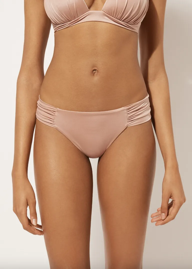 Top Celebrity-Approved Swimwear Brands 2025: Luxury Resort-Style Women's Swimwear Trends Endorsed by Kendall Jenner & Supermodels 7 Draped Brazilian Swimsuit Bottom Shiny Satin
