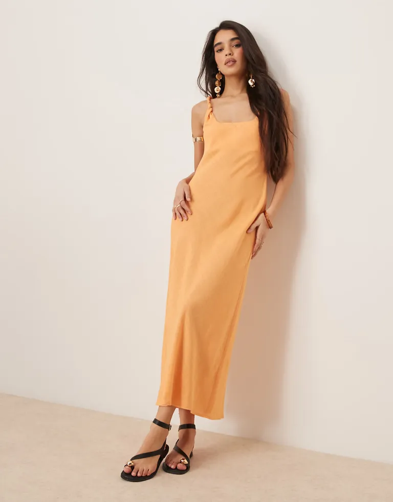 The Timeless Anti-Trend Summer Dress French & Italian Women Adore 4 Linen Look Twisted Strap Bias Cut Maxi Dress in Papaya