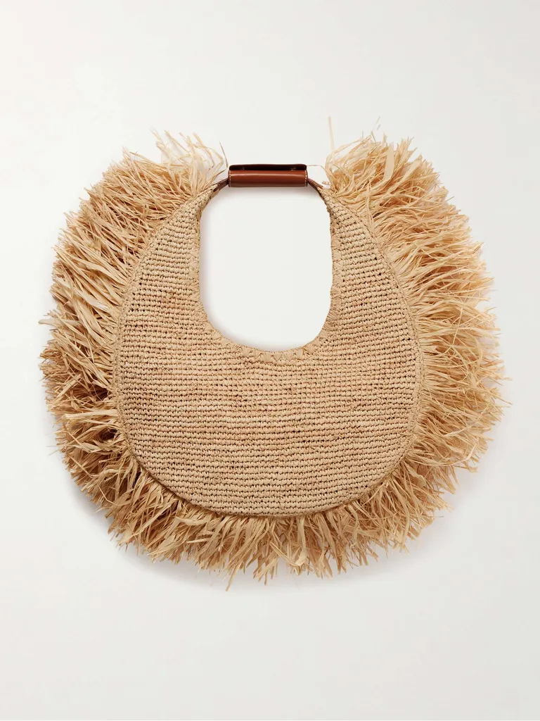 Top Designer Beach Bags of 2025: Must-Have Luxury Totes for France, Spain & Greece 4 Moon Large Leather-Trimmed Fringed Raffia Tote