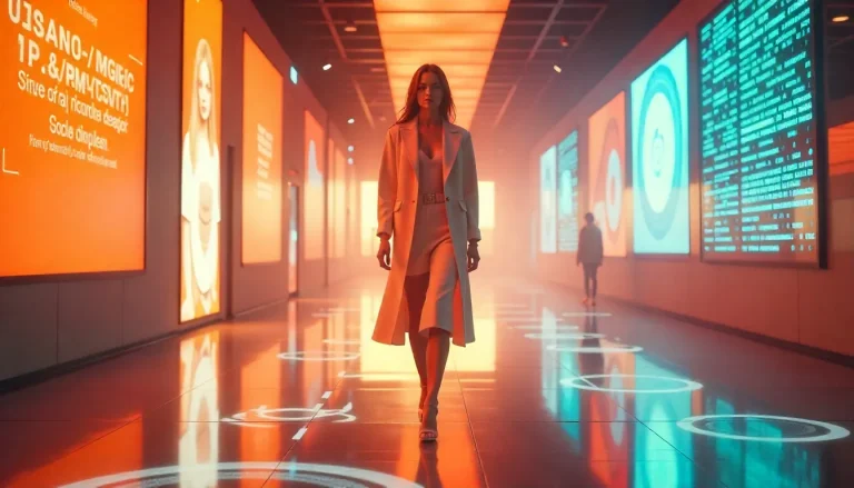 AI fashion model on futuristic runway with digital ads